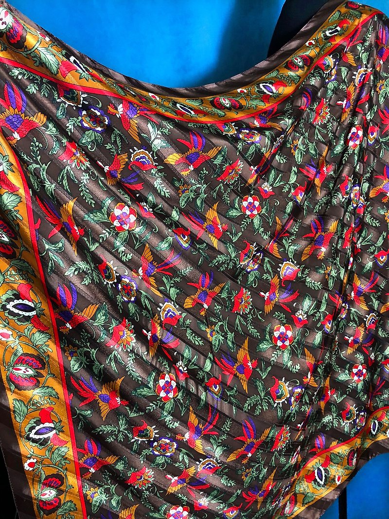 Time vintage / rich flower antique shawl scarves - ผ้าพันคอถัก - เส้นใยสังเคราะห์ สีนำ้ตาล