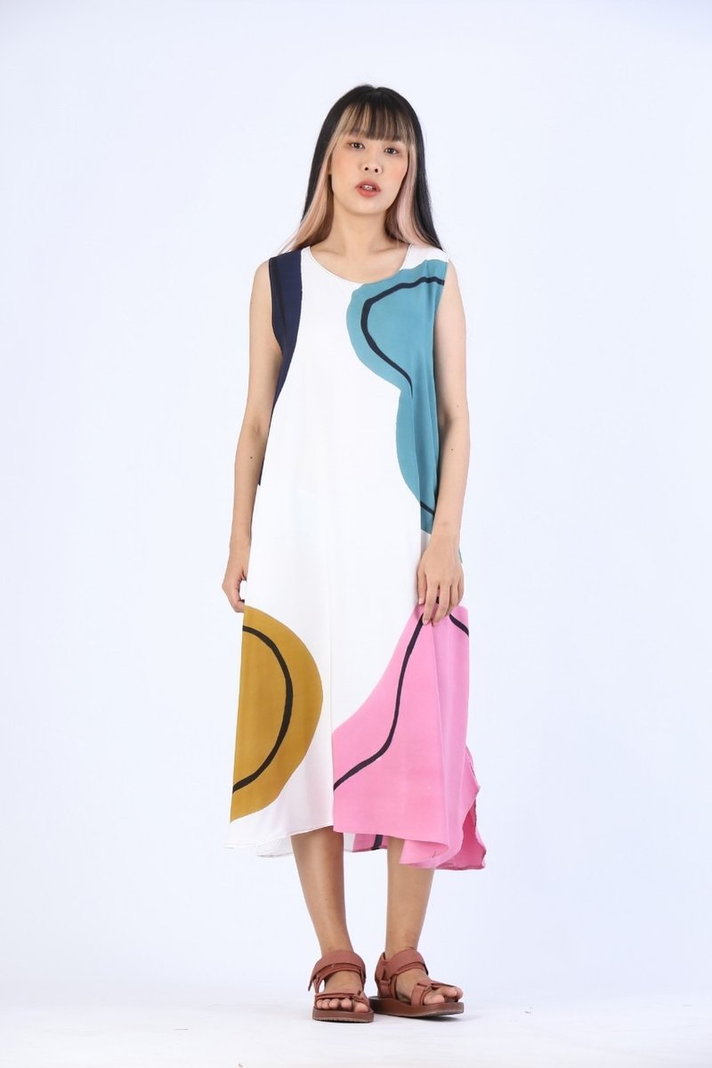 Dress Hand Paint Soft Cotton Silk for Yoga Vacation Holidays - 洋裝/連身裙 - 棉．麻 白色