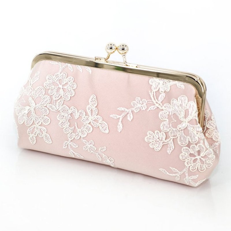 Handmade Clutch Bag in Pink  | Gift for bridal, bridesmaids |  Floral Alencon Lace - อื่นๆ - วัสดุอื่นๆ สึชมพู