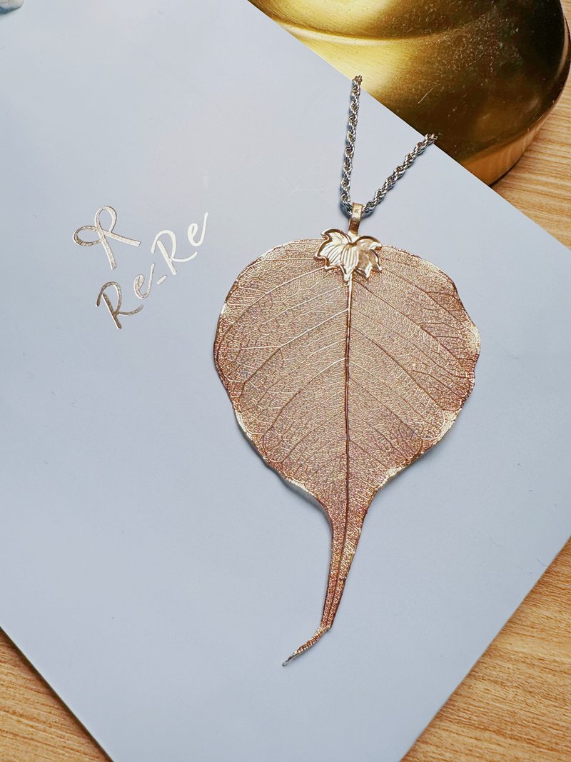 【Re-Re】Real Leaf Long Necklace - Necklaces - Rose Gold Gold