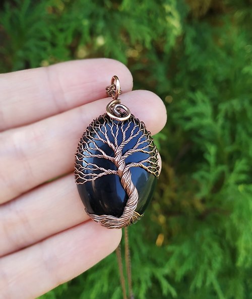 DrevoZen Wire wrap natural stone tree of life pendant necklace, copper anniversary gift