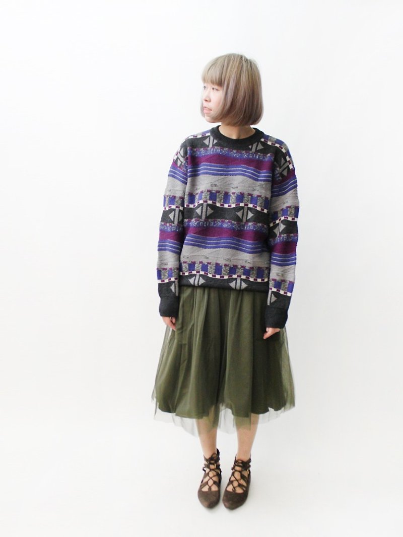 [RE0119SW110] Nippon purple totem loose vintage sweater - สเวตเตอร์ผู้ชาย - ขนแกะ สีเทา