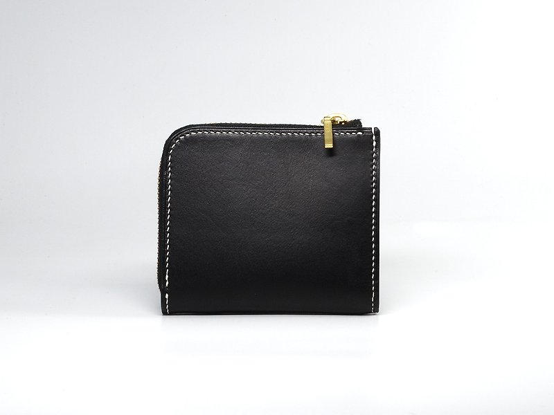 L-shaped zipper short wallet coin purse - กระเป๋าสตางค์ - หนังแท้ สีดำ