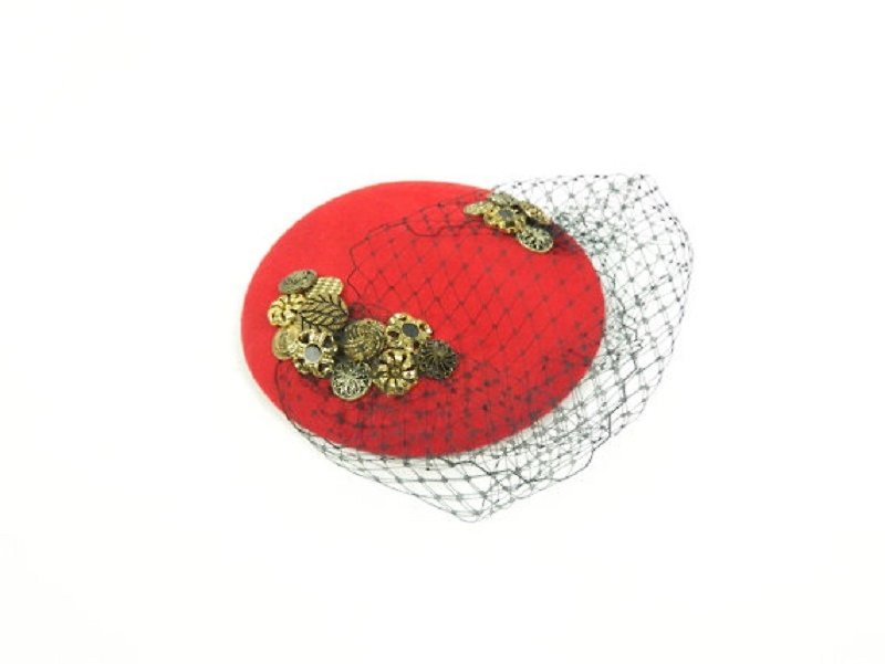 Pillbox Hat Fascinator Headpiece in Deep Red with Gold Vintage Buttons and Black Veil Cocktail Party Hat, Occasion Headwear Hair Accessories - หมวก - วัสดุอื่นๆ สีแดง