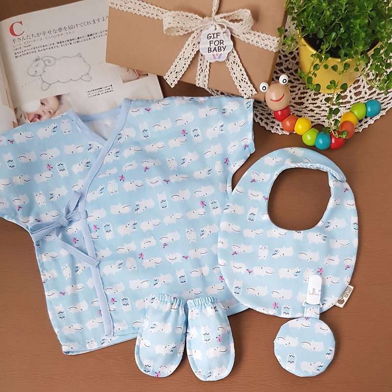 Double yarn cute hippo Miyue ceremony 3+1 piece gauze cloth + small round pocket + gloves + Pingfu bag - Baby Gift Sets - Cotton & Hemp Blue