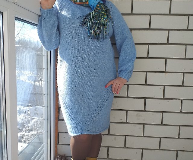 チュニックドレス 手編み ブルー ウール+コットン - ショップ