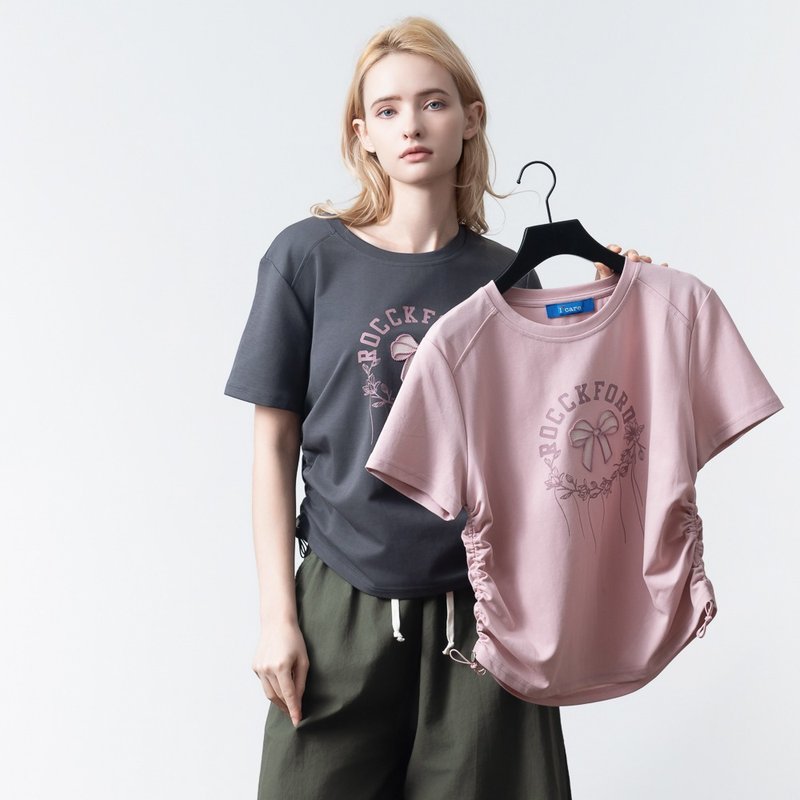 【ICare】蝴蝶結刺繡抽繩T恤 - 2色(F) | 女短袖T恤 休閒上衣 - 女 T 恤 - 棉．麻 灰色