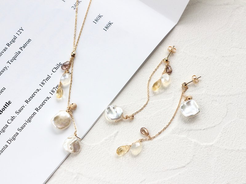 14kgf- fall leaves pierced earrings & lariat necklace set item/adjustable chain - 耳環/耳夾 - 寶石 咖啡色