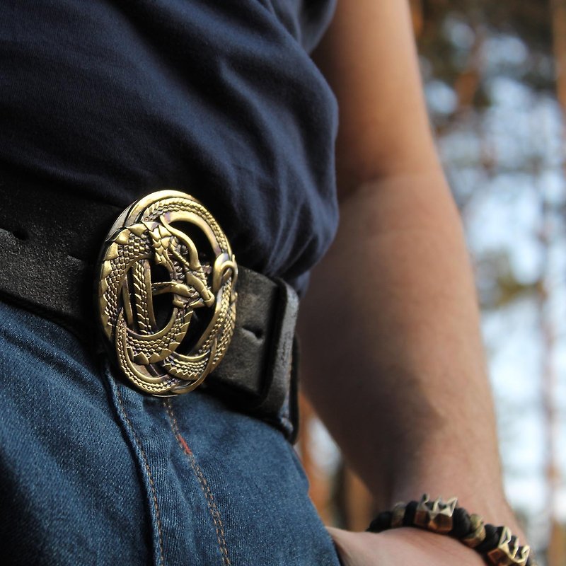 Ouroboros soild brass belt buckle, dragon snake world serpent belt - 皮帶/腰帶 - 其他材質 金色