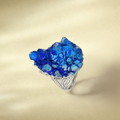 WANZAMGOK 藍銅礦活口戒指 隨形原石標本 晶簇晶柱 藍色寶石手工指環 S925銀
