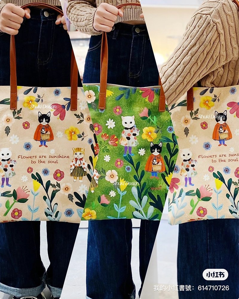 Cats Garden Print Cotton Bag - กระเป๋าถือ - ผ้าฝ้าย/ผ้าลินิน สีเขียว