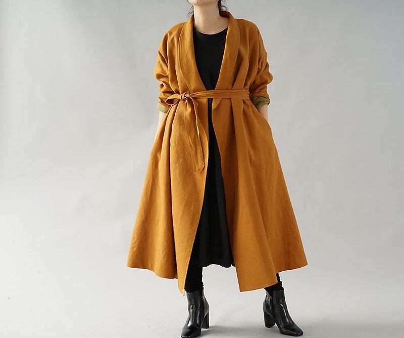 wafu  Linen coat / raised linen / shawl collar / long length / dark orange b43-3 - เสื้อแจ็คเก็ต - ผ้าฝ้าย/ผ้าลินิน สีส้ม