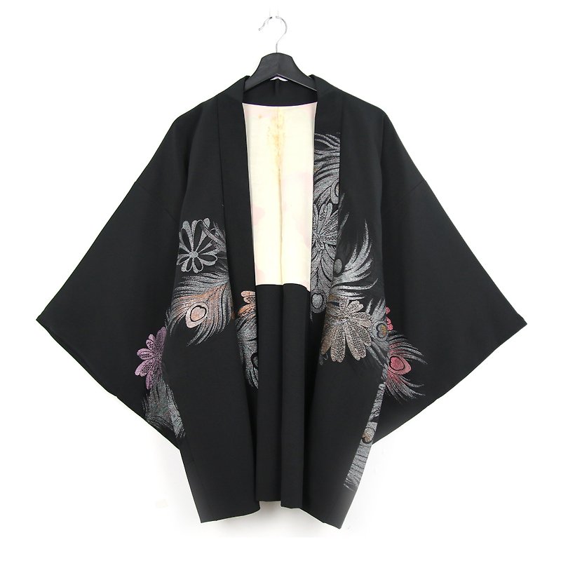 Back to Green-Japan brought back feather weaving glitter embroidery peacock feather / vintage kimono - เสื้อแจ็คเก็ต - ผ้าไหม 