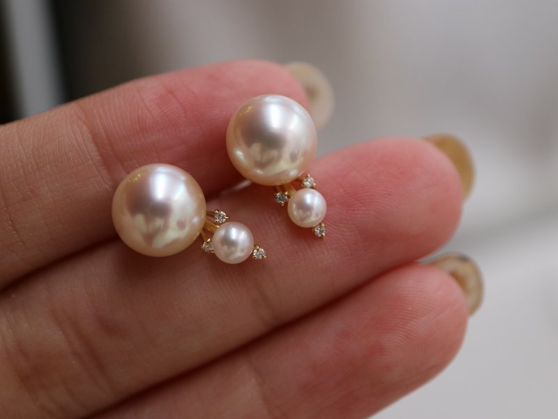 Made in Japan Akoya pearl earrings, designer earrings, 18k gold earrings with diamonds, 4mm+9mm akoya pearl earrings, 18k gold drilling design - Earrings & Clip-ons - Pearl White