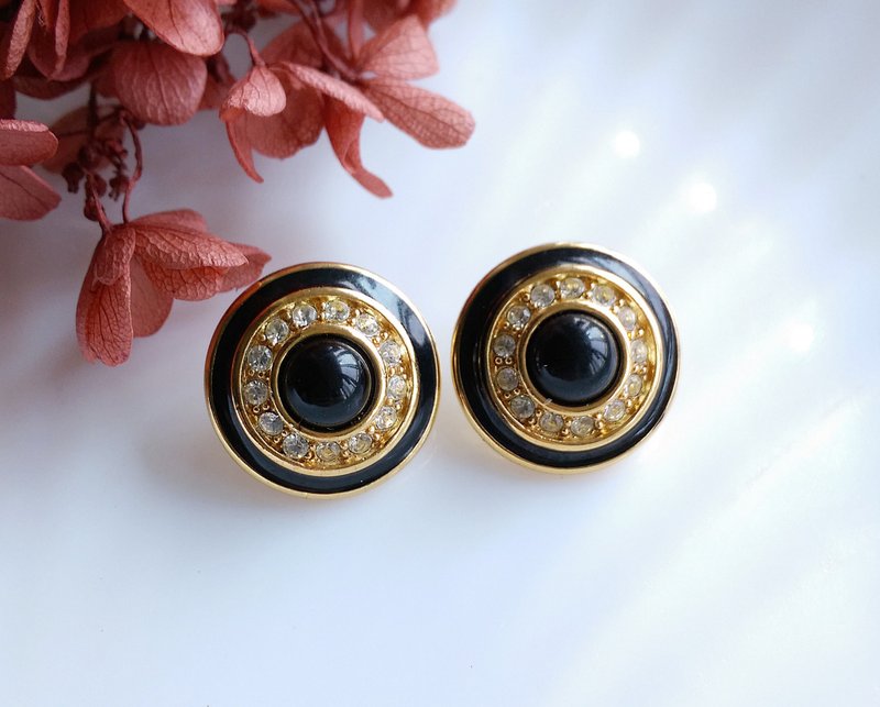 Vintage Jewelry 西洋古董飾品 MONET 精緻 知性黑 針式耳環 - 耳環/耳夾/耳骨夾 - 其他金屬 金色