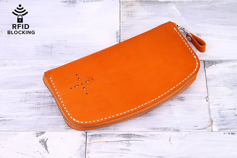 [Cut line] Italian vegetable tanned leather leather travel zipper organ wrapped wallet RFID shield wallet orange - กระเป๋าสตางค์ - หนังแท้ สีส้ม