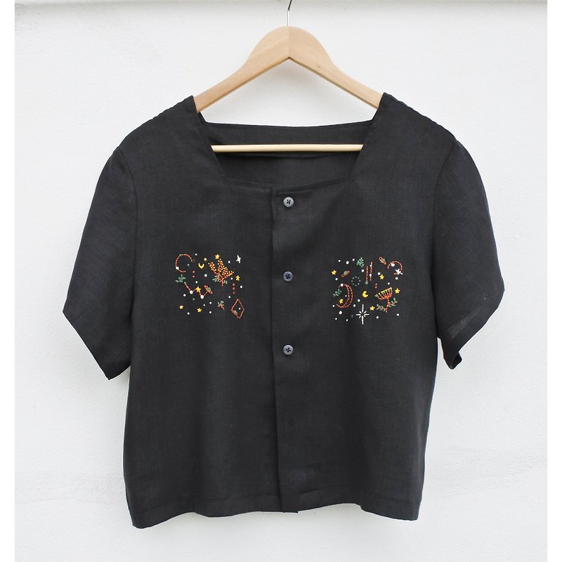 Embroidery | Linen | Square neck short sleeve shirt, black - Women's Tops - Cotton & Hemp Black