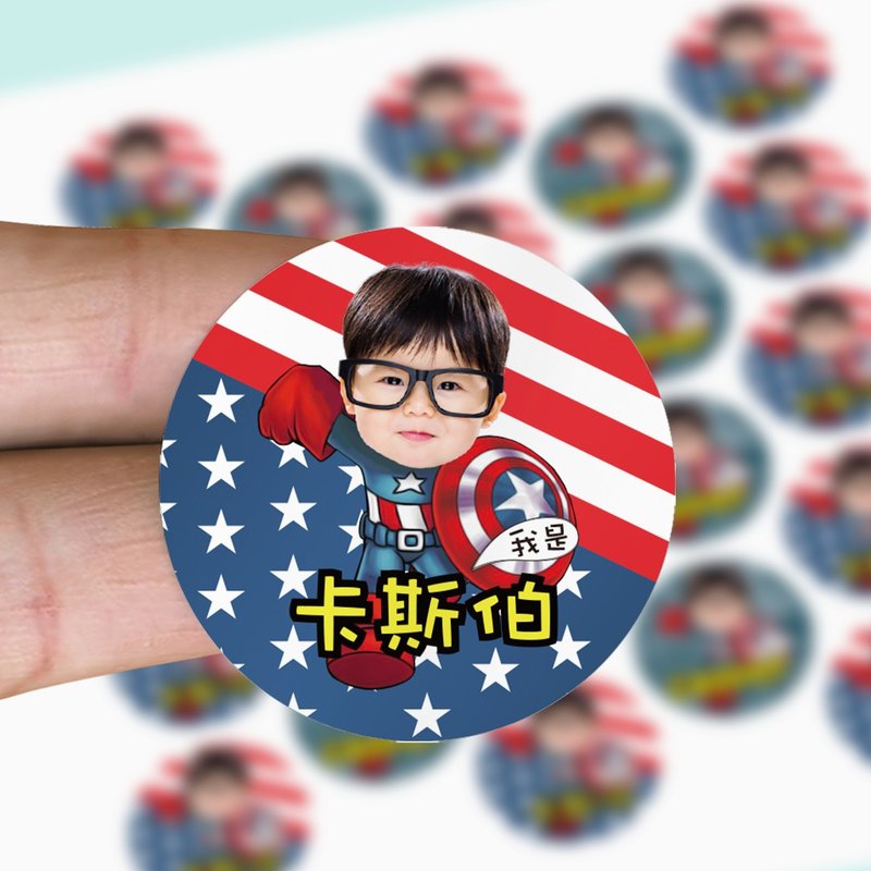 大頭美國隊長姓名貼。可愛照片防水姓名貼紙。2.5cm圓形貼92枚 - 貼紙 - 紙 藍色