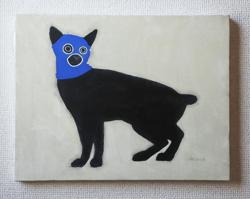【IROSOCA】目出し帽のネコ(青)　キャンバス絵画　F6サイズ原画 - ポスター・絵 - その他の素材 ブラック