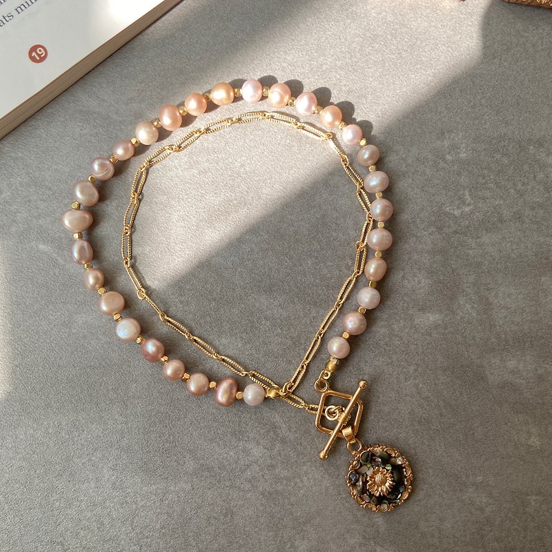 14k Gold Freshwater Pearl OT Buckle Necklace x The Art of Versailles - Necklaces - Pearl Pink