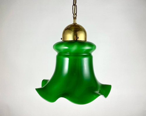 HappyDuckVintage 綠色玻璃和鍍金黃銅吸頂燈|復古玻璃燈罩吊燈|