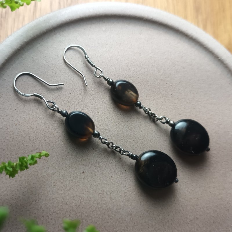 純銀設計耳環 黑瑪瑙+925銀(耳勾) - 耳環/耳夾/耳骨夾 - 玉石 黑色
