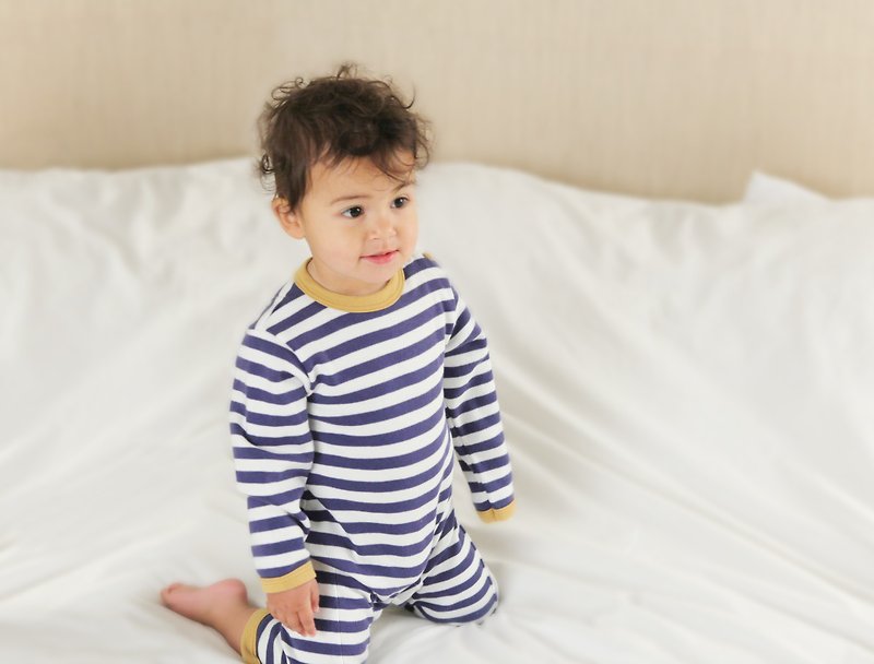 100% 有機棉 水手條紋 嬰兒連身衣 英國生產製造 - 滿月禮物 - 棉．麻 藍色