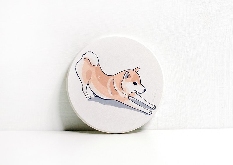 Diatomaceous earth absorbent coaster Shiba Inu daily down dog pose - Coasters - Other Materials Multicolor