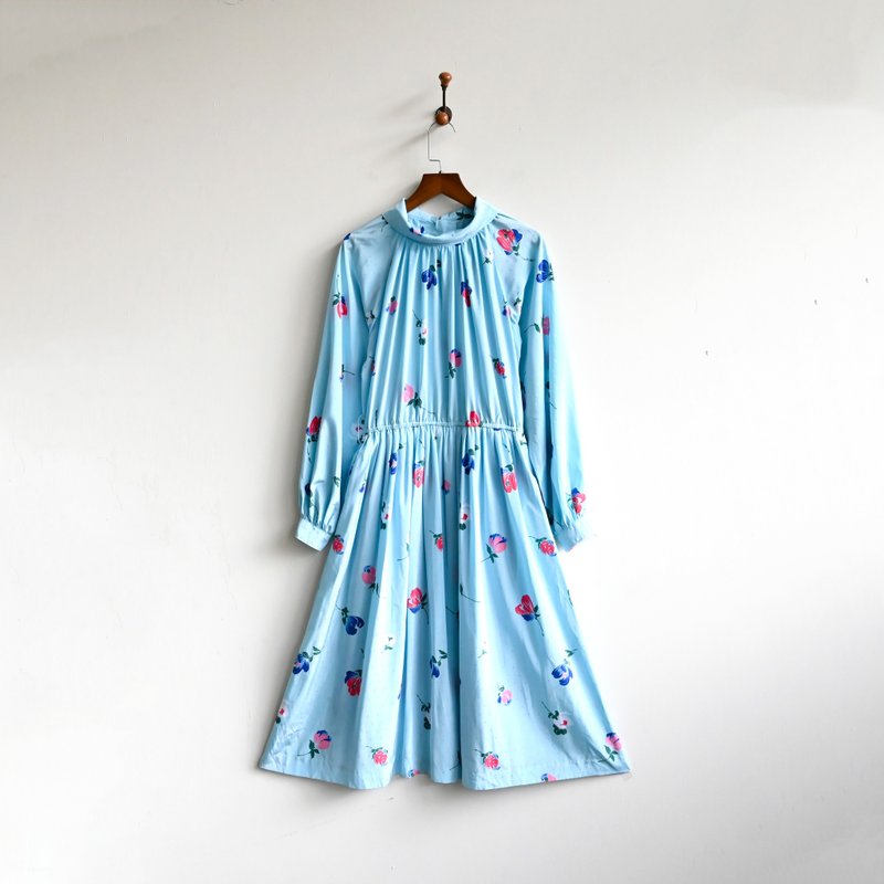 [Egg Plant Vintage] Kawamizu Flower Festival printed long-sleeved vintage dress - ชุดเดรส - ไฟเบอร์อื่นๆ สีน้ำเงิน