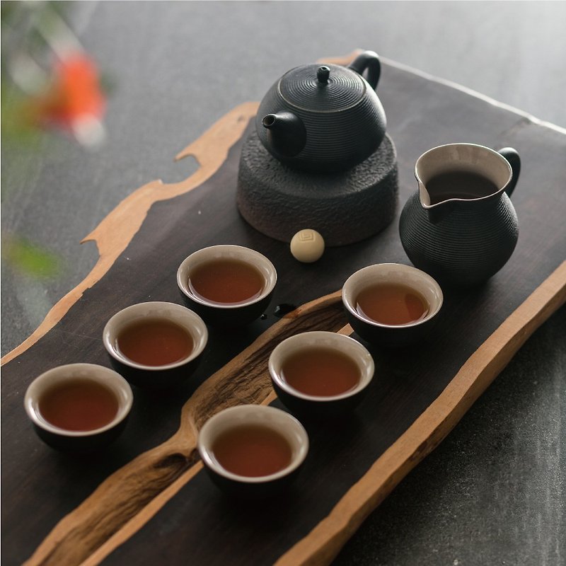 [Lubao LOHAS] Rotating Pot Kung Fu Tea Set 1 Pot 1 Sea 6 Cups Classic Stone Glaze Swirl Pattern Design - ถ้วย - ดินเผา 