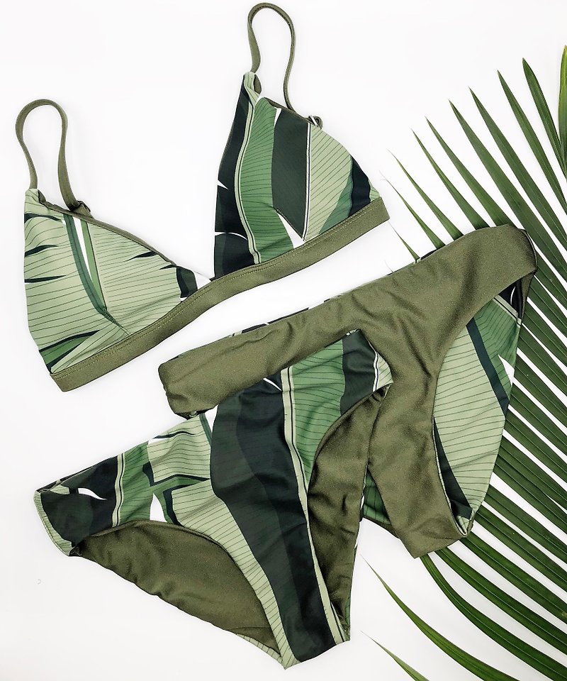 Green Tropical Foliage Reversible Bikini - 女泳衣/比基尼 - 聚酯纖維 綠色