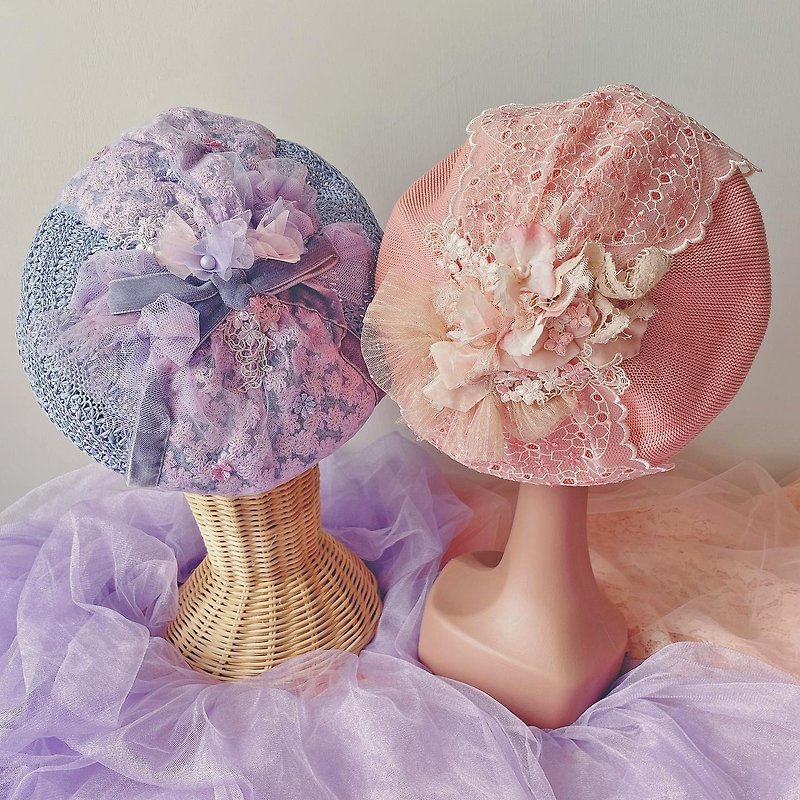 Jt Corner Purple Hydrangea Bouquet Pink Cherry Blossom Hand-stitched Hand-made Beret Hat - Hats & Caps - Thread Purple