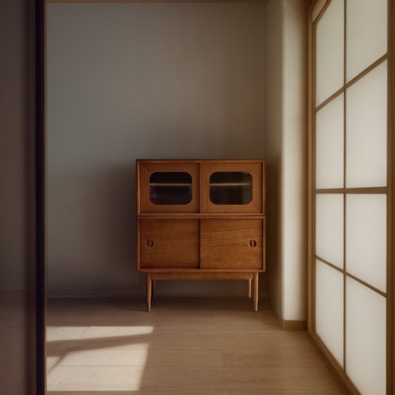 Taisho Fuji Teak Glass Sliding Door Storage Cabinet Freely Matched Craftsman Handmade 200NS Customized - Wardrobes & Shoe Cabinets - Wood Brown