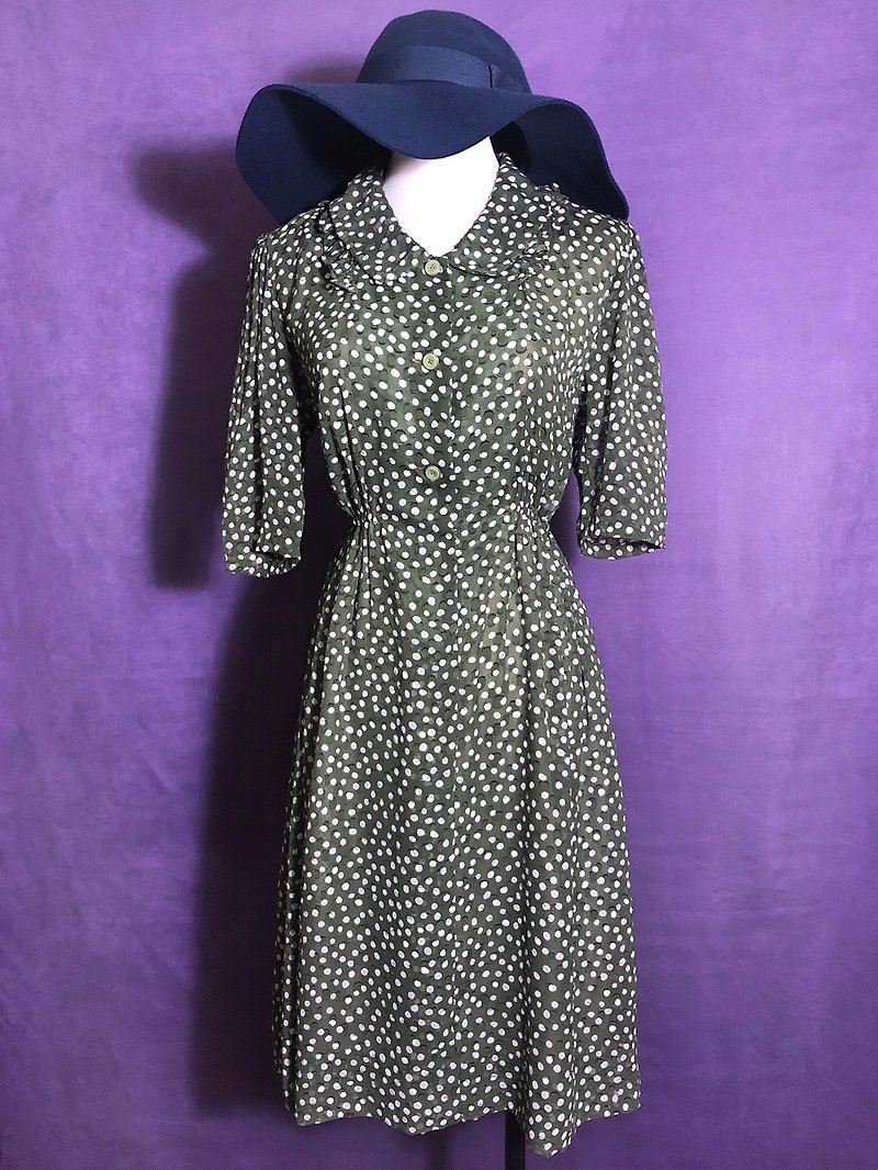 Dotted ruffled ruffled vintage dress / brought back to VINTAGE abroad - ชุดเดรส - เส้นใยสังเคราะห์ สีเขียว
