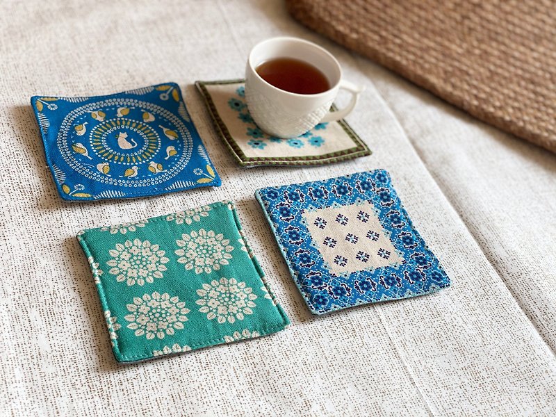 Tranquil afternoon tea ///totem coaster set with four - Coasters - Cotton & Hemp Blue