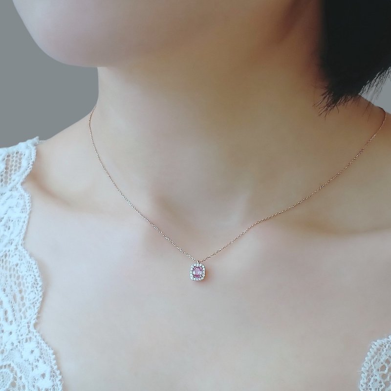 Pink Sapphire Oval Cut Halo Diamonds 18K Solid Rose Gold Necklace Custom Length - สร้อยคอ - เครื่องเพชรพลอย สึชมพู