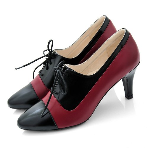 Karine手作真皮鞋 黑紅色 全真皮拼色綁帶尖頭高跟踝靴