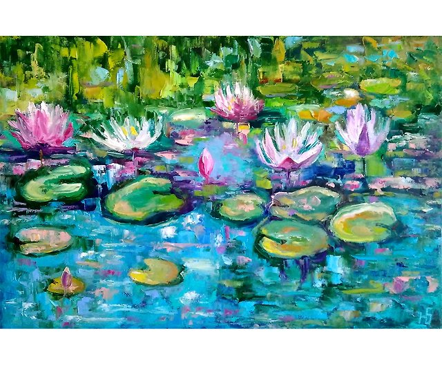 睡蓮絵画オリジナルアート、モネの池風景画、花の壁アート - ショップ
