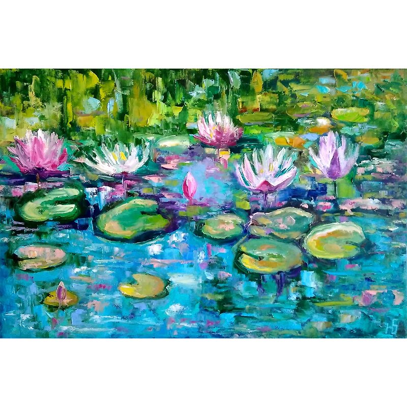 Water Lily Painting Original Art, Monet Pond Landscape Artwork, Floral Wall Art - โปสเตอร์ - ผ้าฝ้าย/ผ้าลินิน หลากหลายสี