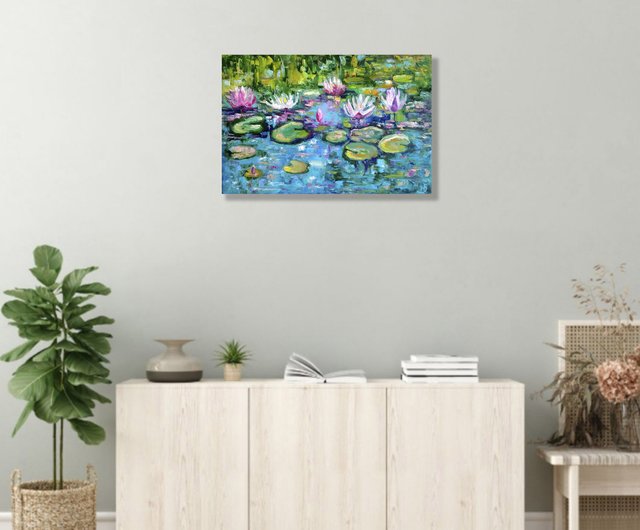 睡蓮絵画オリジナルアート、モネの池風景画、花の壁アート