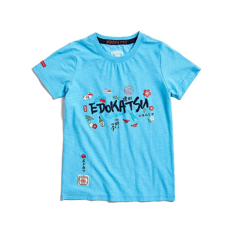 江戶勝 日系 日式多元主題短袖T恤-女裝 (水藍色) #上衣 - T 恤 - 棉．麻 藍色