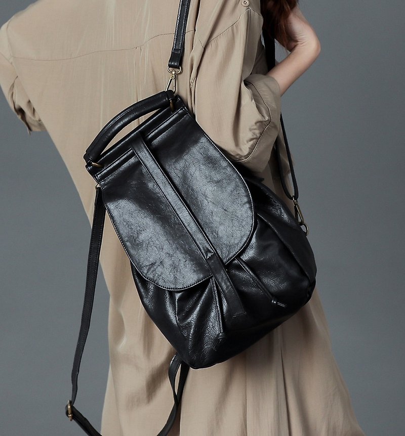 Leather Retro Style Backpack Black - Backpacks - Genuine Leather Black