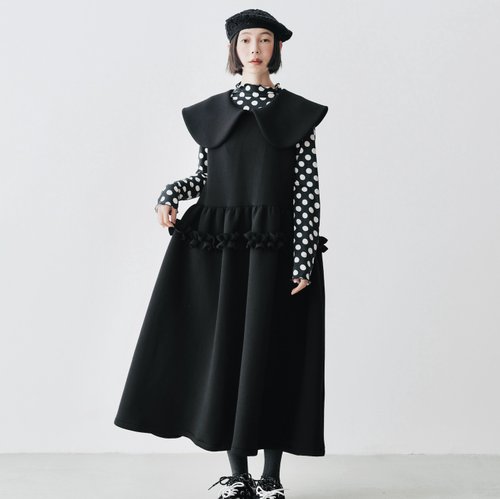 【PATOU】ブラック◆ノースリーブ◆エコレース プリーツドレス ブラックプリーツレースドールラージカラーノースリーブドレス