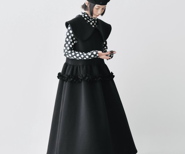 【PATOU】ブラック◆ノースリーブ◆エコレース プリーツドレス ブラックプリーツレースドールラージカラーノースリーブドレス