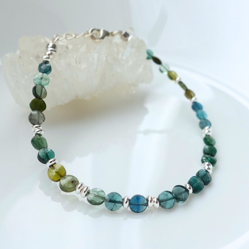 藍與綠平衡能量 稀有海藍色系 天然無注膠碧璽 純銀配飾手鍊 禮物 - 手鍊/手環 - 純銀 藍色