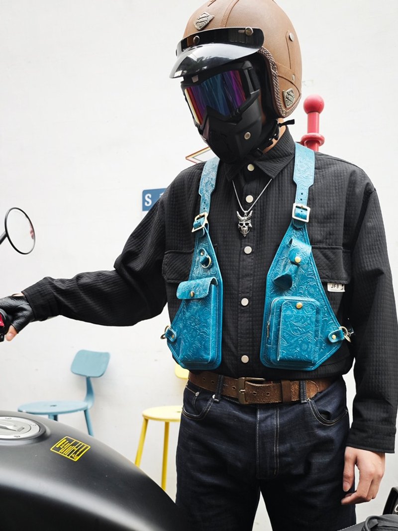 本革ワークベストバッグ メンズ トップグレインレザー ヴィンテージストラップ アンダーアームショルダーバッグ トレンドブランド 機能的チェストバッグ レディース - ショルダーバッグ - 革 ブルー