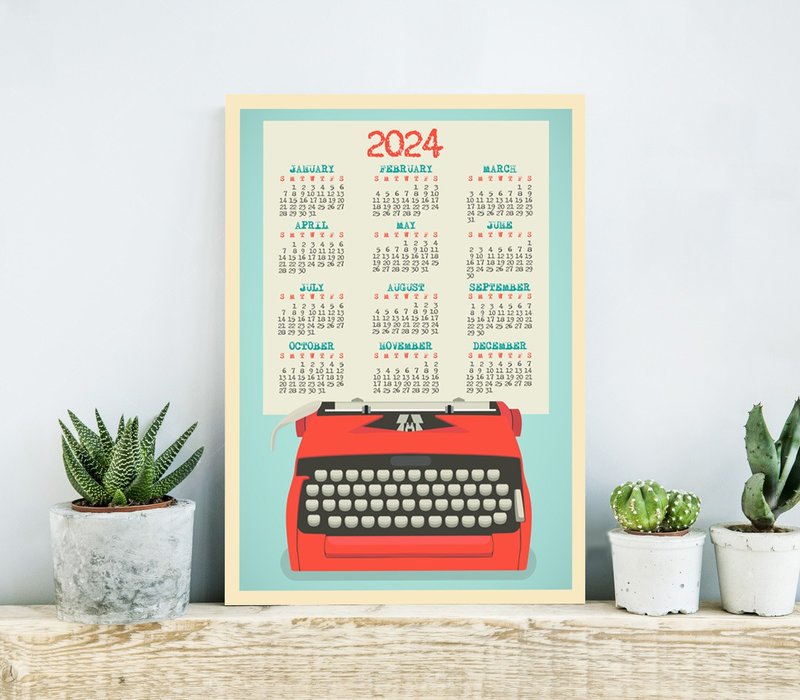 Large Wall Calendar 2024, Retro Typewriter Calendar Red for Office Kitchen - Posters - Paper 