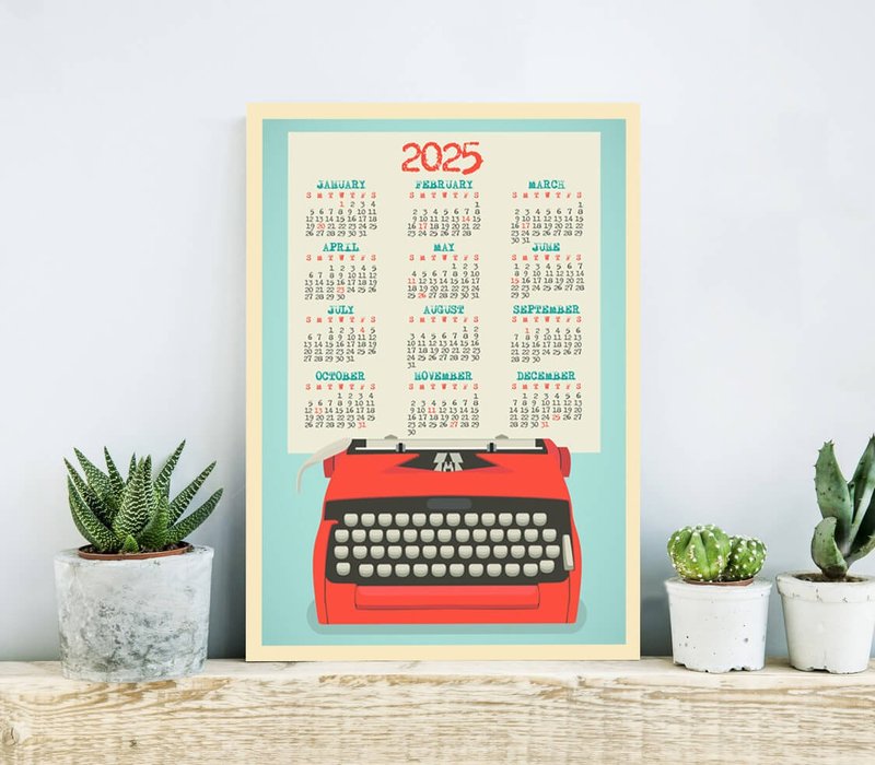 Large Wall Calendar 2025, Retro Typewriter Calendar Red for Office Kitchen - 日曆/月曆/年曆 - 紙 