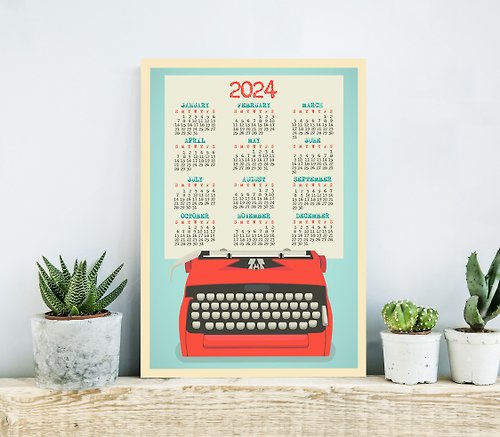 LineDotsArt Large Wall Calendar 2024, Retro Typewriter Calendar Red for Office Kitchen