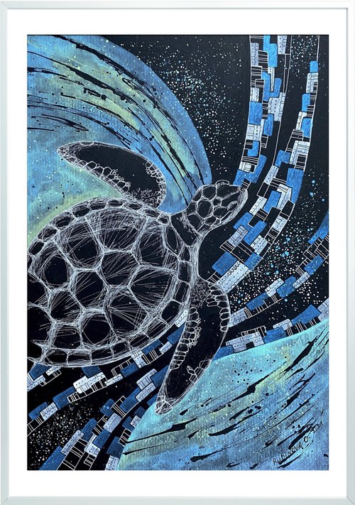 ウミガメの絵画★キャンバス原画　アート  海　ポップアート　動物画　作品証明書付 ウミガメの絵画☆キャンバス原画 アート 海 ポップアート 動物画